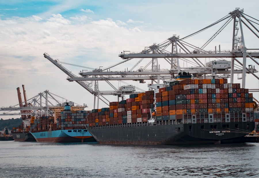 Container ship loading at a port terminal